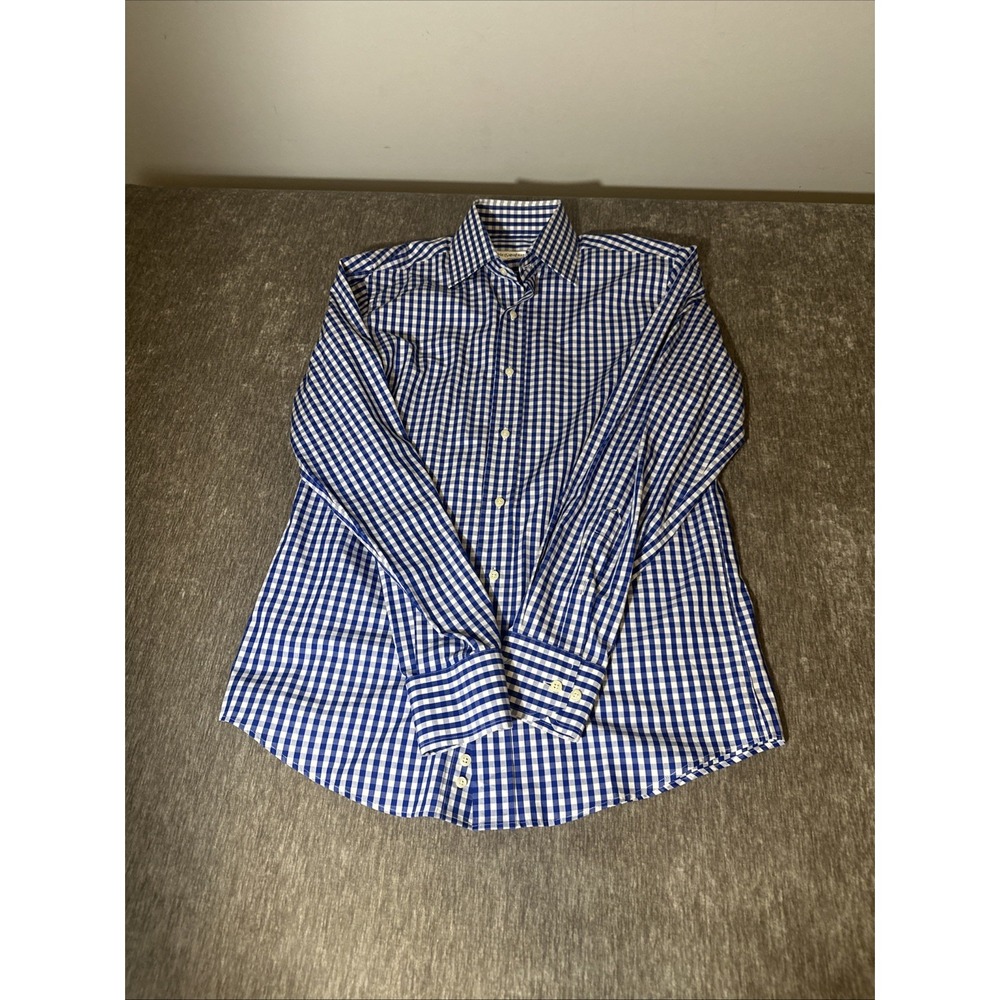 Yves Saint Laurent Shirt Mens 38/15 Blue Plaid Button‎ Up Long Sleeve YSL Preppy
